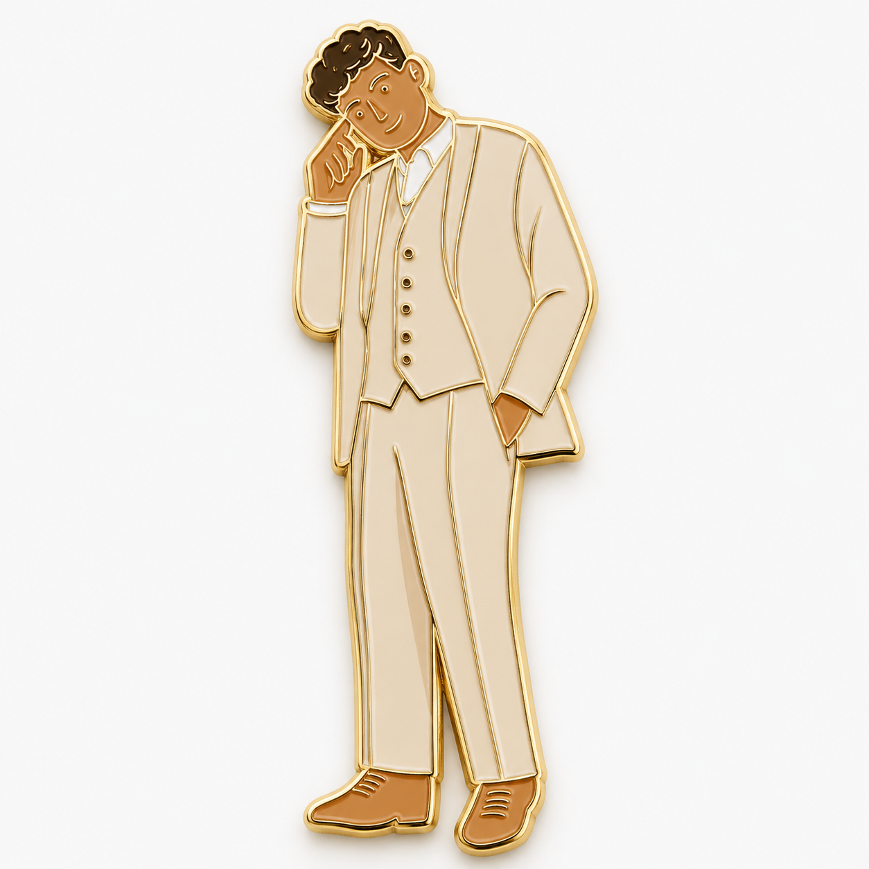 Custom enamel pin of a man in a cream three piece suit