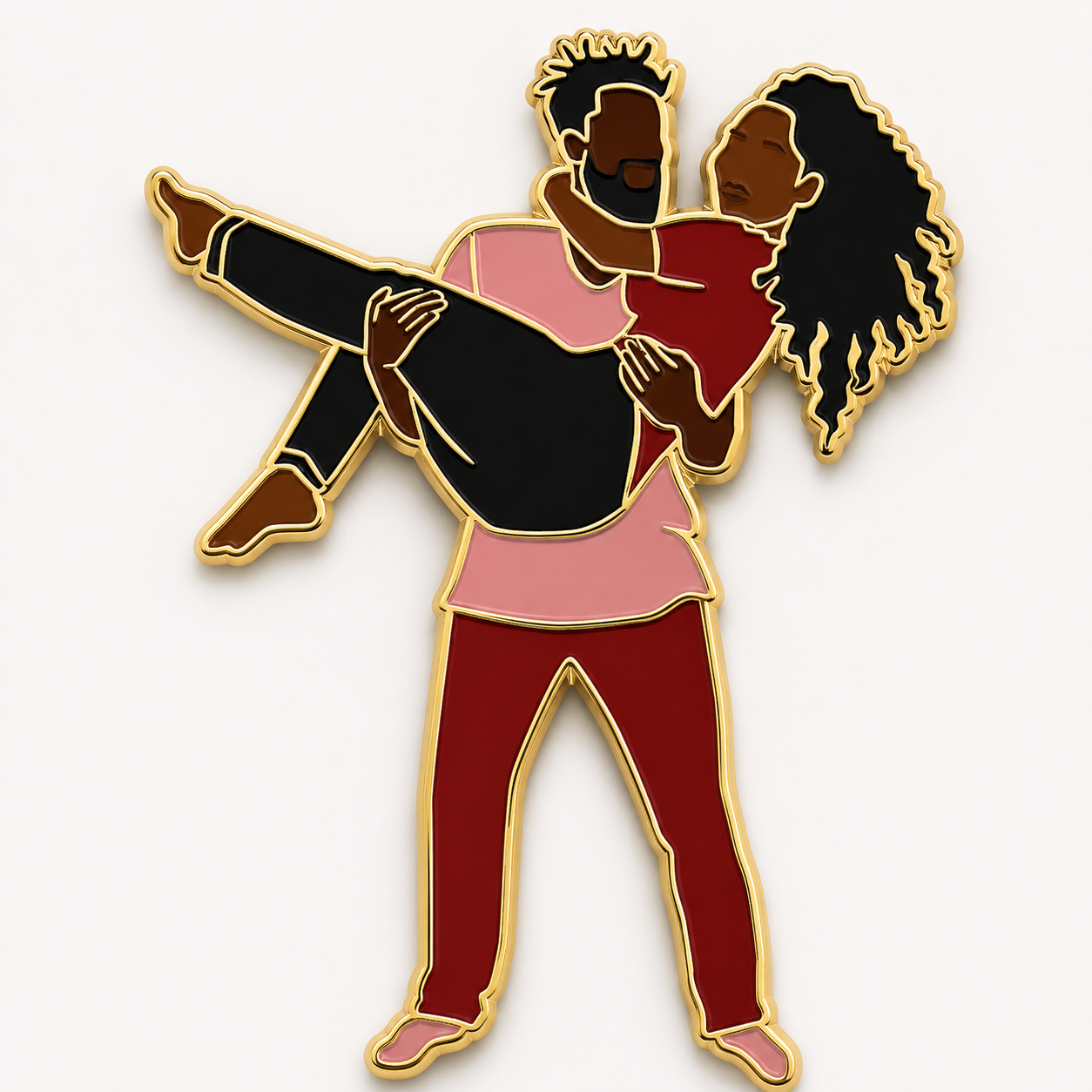 Custom enamel pin of a man carrying a woman, red and pink outfits with gold trim