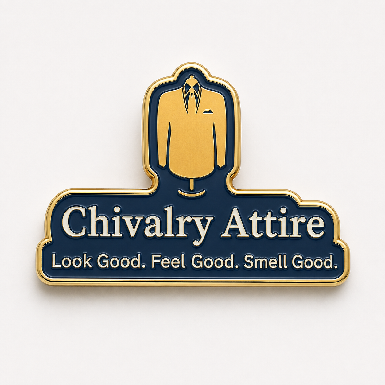 Custom Chivalry Attire logo enamel pin with suit jacket crest and tagline