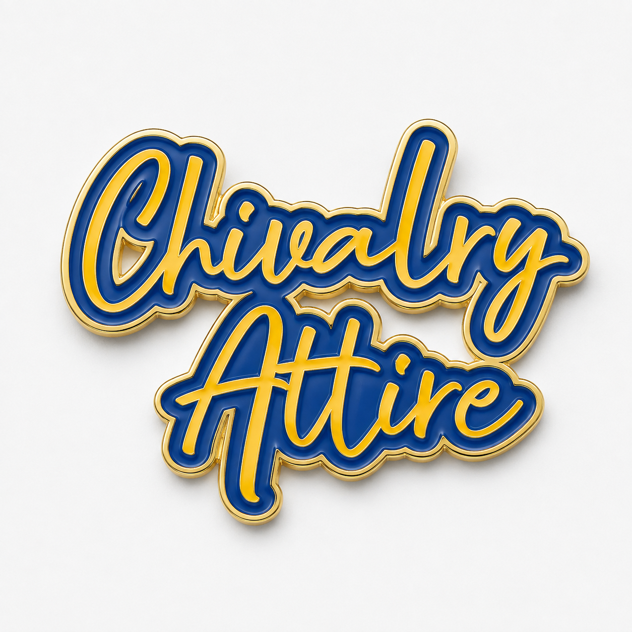 Custom Chivalry Attire script logo enamel pin in blue and gold