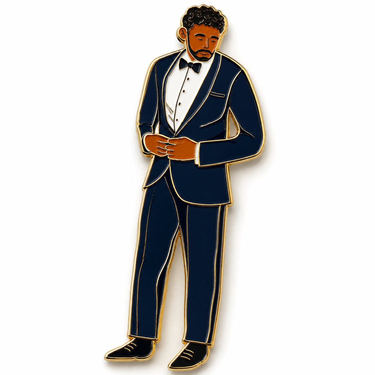 Custom enamel pin of a man in a navy tuxedo with black bow tie