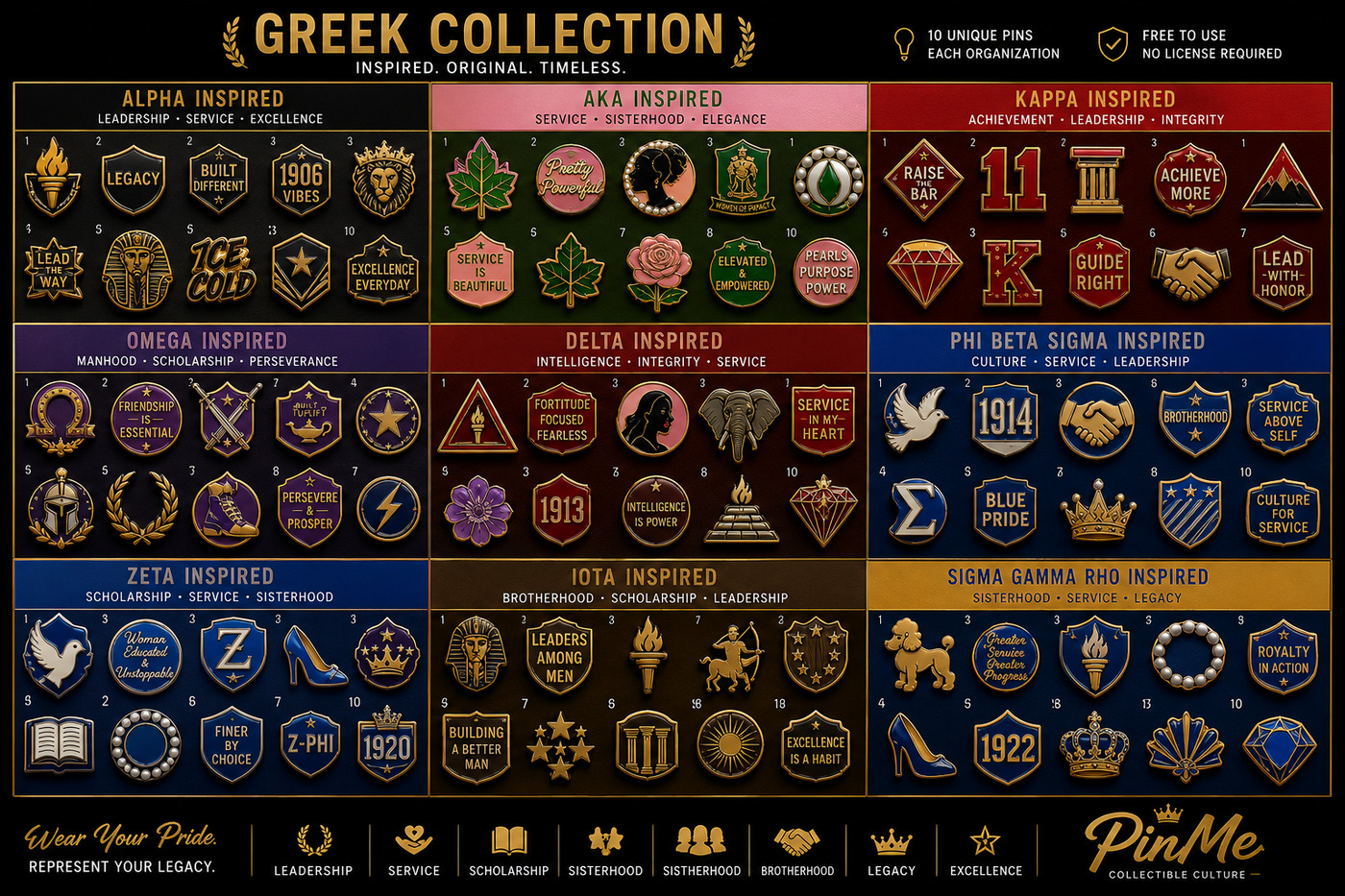 PinMe Greek Collection concept sheet with ninety original fraternity and sorority inspired enamel pin designs